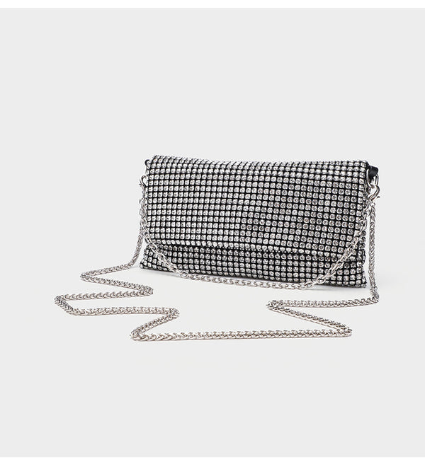 Small rectangular all-over rhinestone flap crossbody clutch bag with silver chain strap, detail view 7