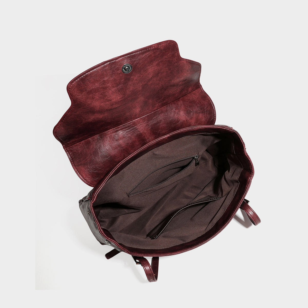 Structured flap-top shoulder tote bag in distressed leather-look finish with silver-tone buckle hardware and double shoulder