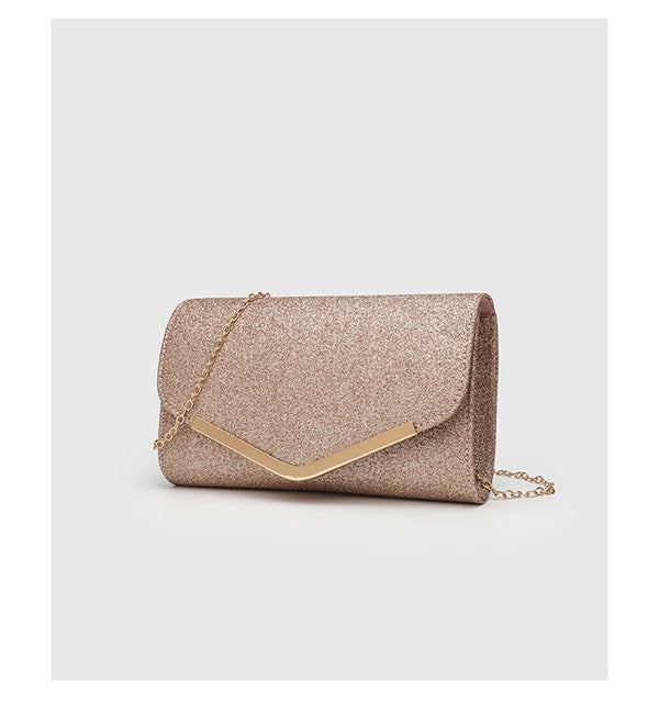 Structured glitter envelope clutch bag with gold-tone V-bar hardware and detachable chain strap, detail view 14