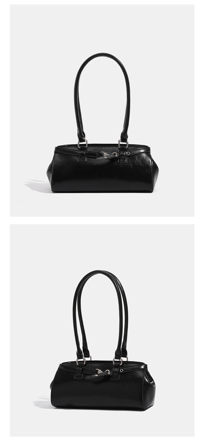 Glossy leather-look baguette shoulder bag with silver-tone hardware and buckle-strap detail, detail view 10