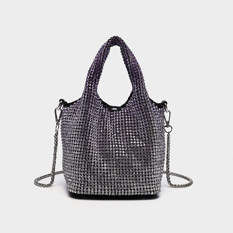 Small all-over rhinestone crystal bucket bag with twin handles and detachable chain shoulder strap, detail view 14