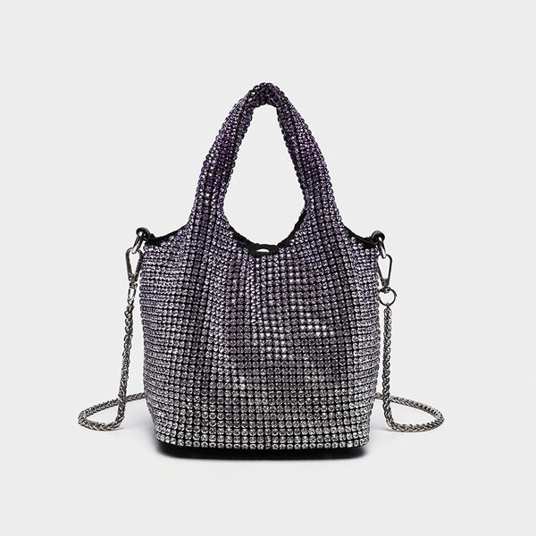 Small all-over rhinestone crystal bucket bag with twin handles and detachable chain shoulder strap, detail view 14