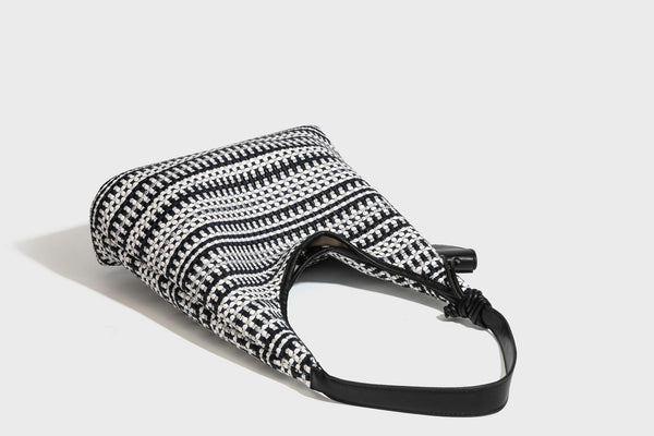 Slouchy woven stripe hobo shoulder bag with black-and-white pattern and leather-look strap, detail view 30