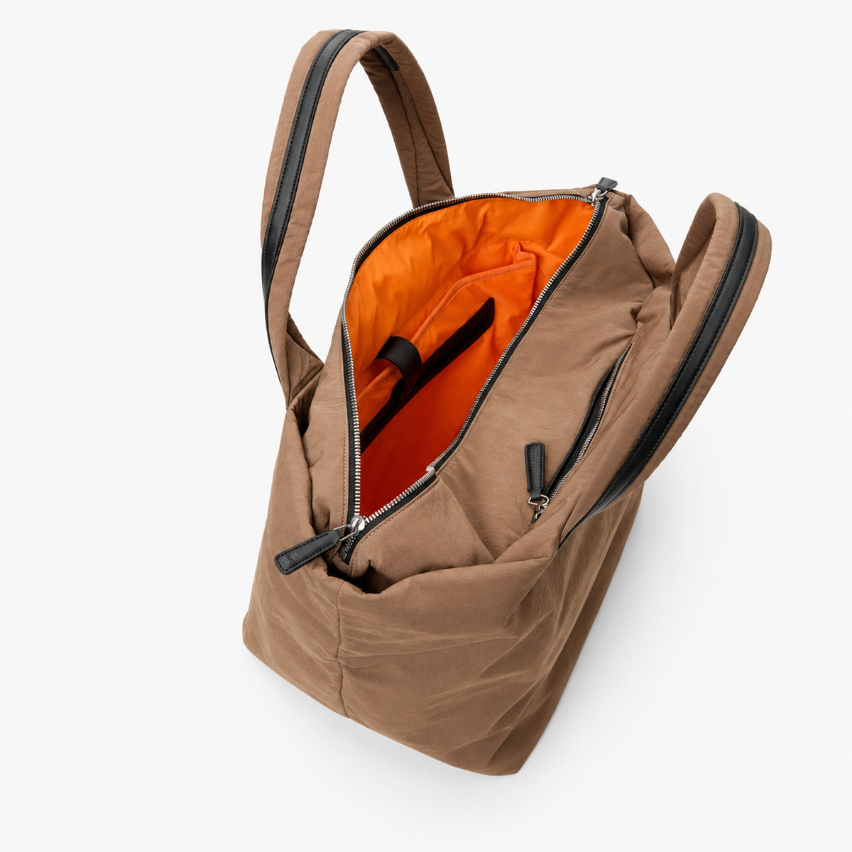 Large lightweight nylon tote bag with zipper closure, black leather-look handles, and trapezoid silhouette, detail view 4
