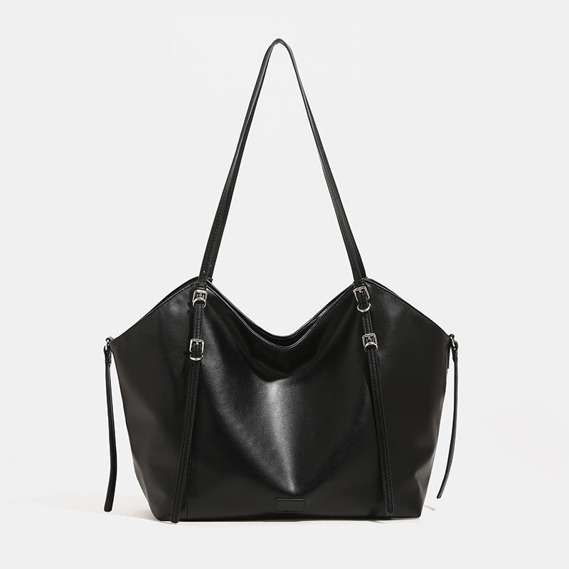 Smooth leather-look tote shoulder bag with silver-tone buckle hardware and twin shoulder straps, front view