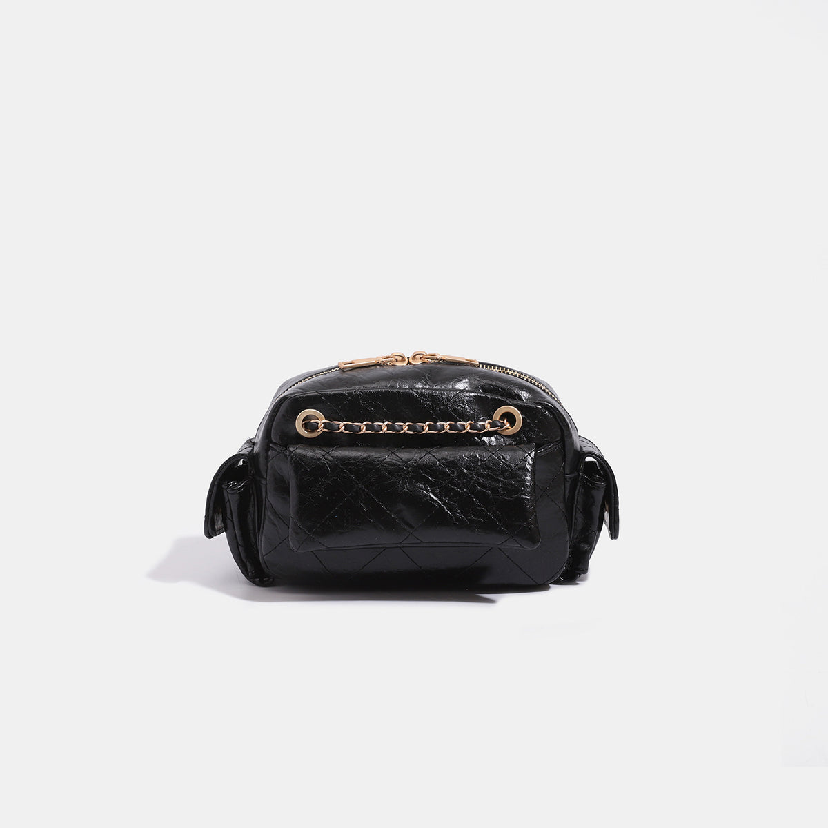Compact quilted diamond-stitch crossbody bag with gold-tone chain strap and top zip closure, detail view 6