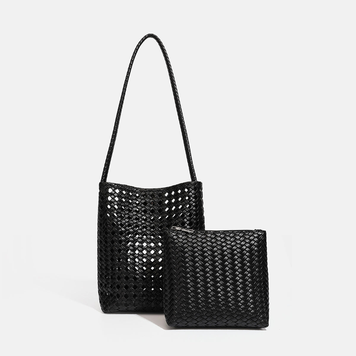 Altrosa Bucket-Bag aus offenmaschigem Webmaterial mit langem Flechtriemen und passender Innentasche mit Reißverschluss, Detailansicht 8