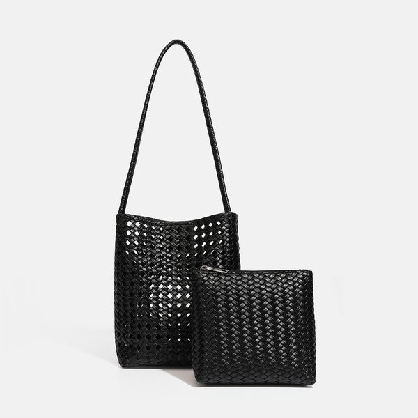 Altrosa Bucket-Bag aus offenmaschigem Webmaterial mit langem Flechtriemen und passender Innentasche mit Reißverschluss, Detailansicht 8