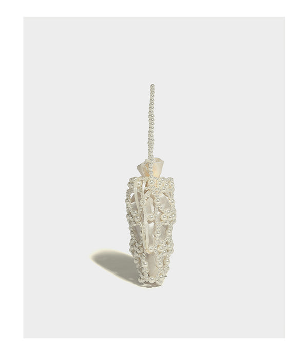 Small pearl-beaded lattice drawstring bucket bag with beaded shoulder strap and ribbon closure, detail view 11