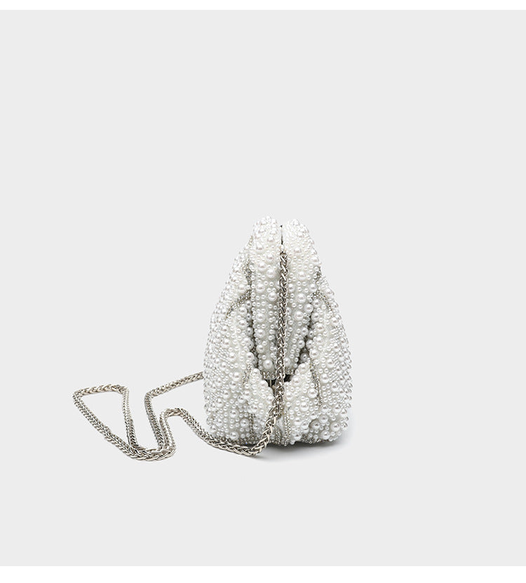 Structured faux-pearl beaded evening clutch bag with silver-tone chain strap and top zip closure, detail view 14