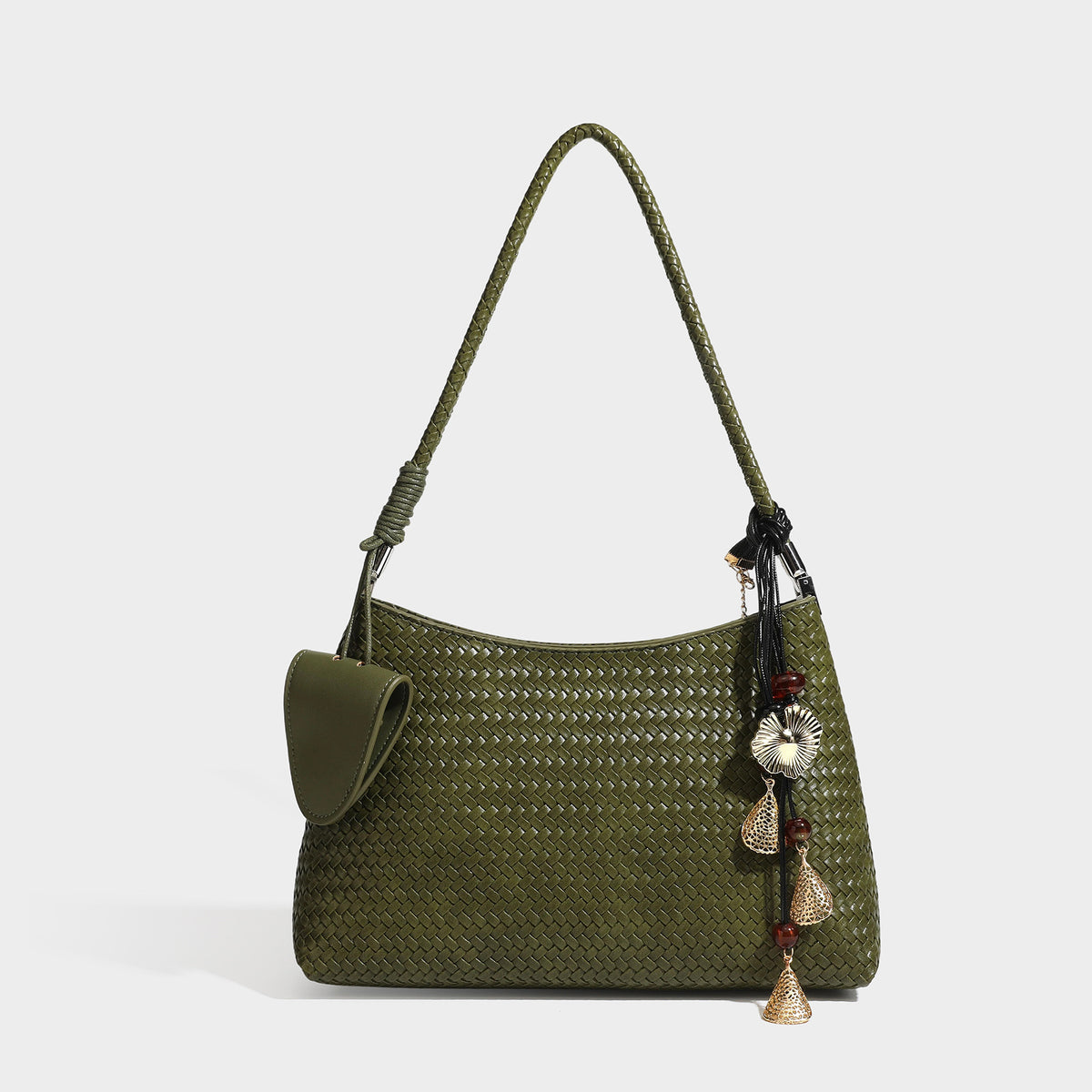 Woven-texture hobo shoulder bag in brown with braided top handle, adjustable crossbody strap, front flap pocket, and, detail