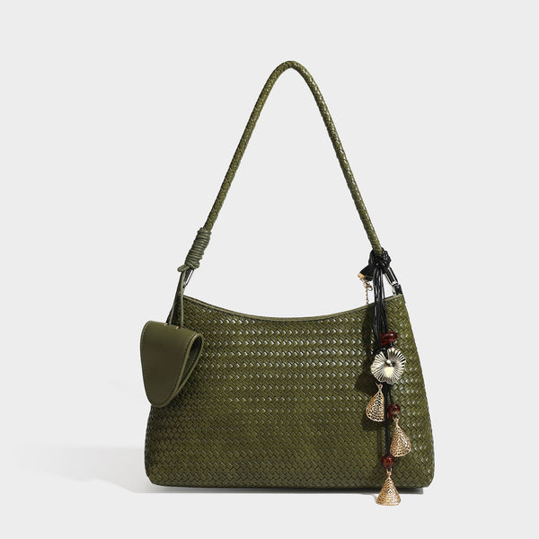 Woven-texture hobo shoulder bag in brown with braided top handle, adjustable crossbody strap, front flap pocket, and, detail