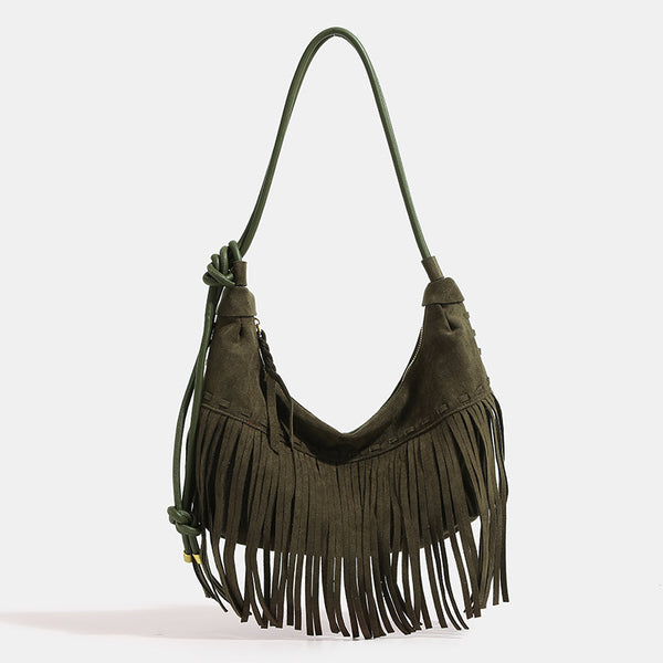 Slouchy fringe hobo shoulder bag in matte suede-like finish with tie-knot cord strap and gold-tone zip closure, detail view 7