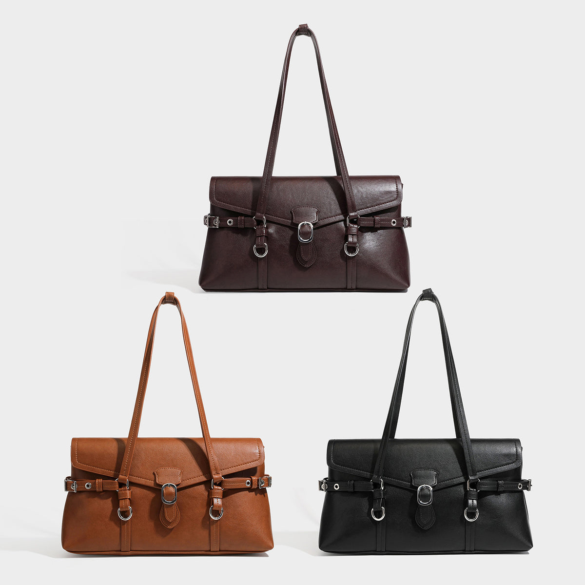Structured rectangular shoulder tote bag with flap-top closure, front buckle strap detail, and silver-tone ring hardware in