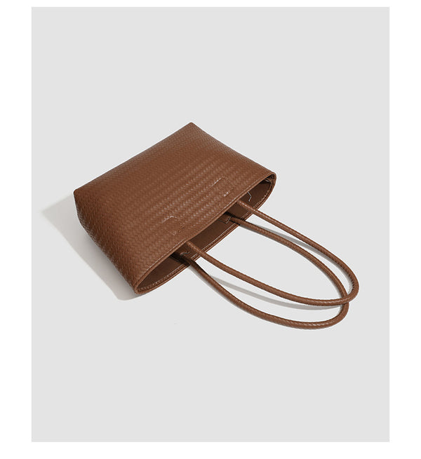 Structured cognac brown woven-texture tote bag with double top handles and open top, detail view 10