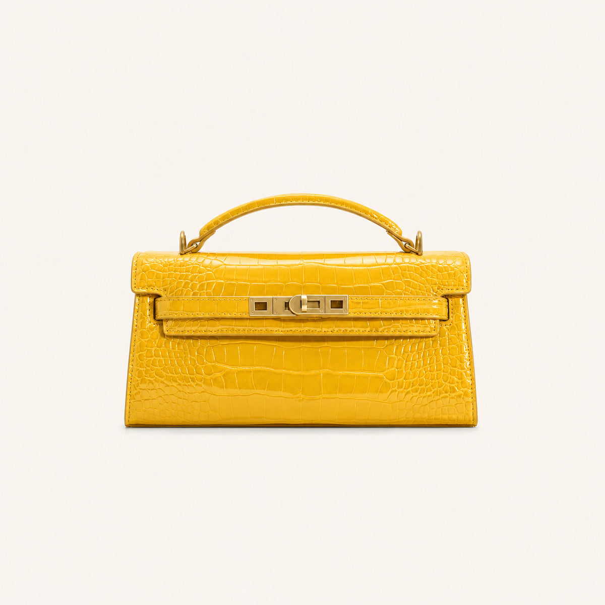 Strukturierte rechteckige Satchel-Tasche mit Krokodilprägung, goldfarbenem Drehverschluss und kurzem Henkel, Detailansicht 9