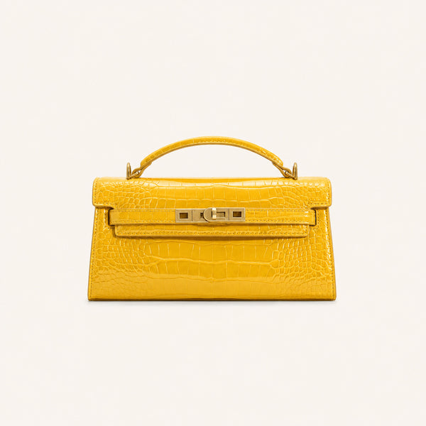 Strukturierte rechteckige Satchel-Tasche mit Krokodilprägung, goldfarbenem Drehverschluss und kurzem Henkel, Detailansicht 9