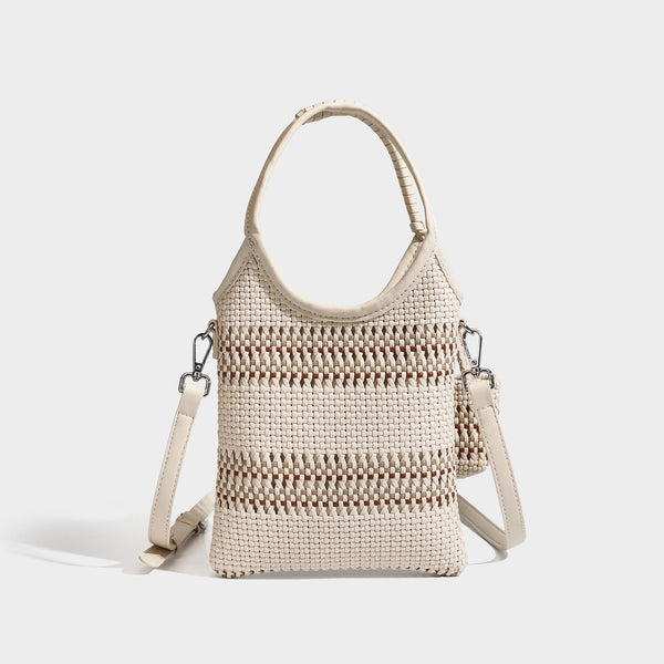 Brown two-tone woven leather-look shoulder bag with braided top handles, detachable mini pouch, and adjustable crossbody