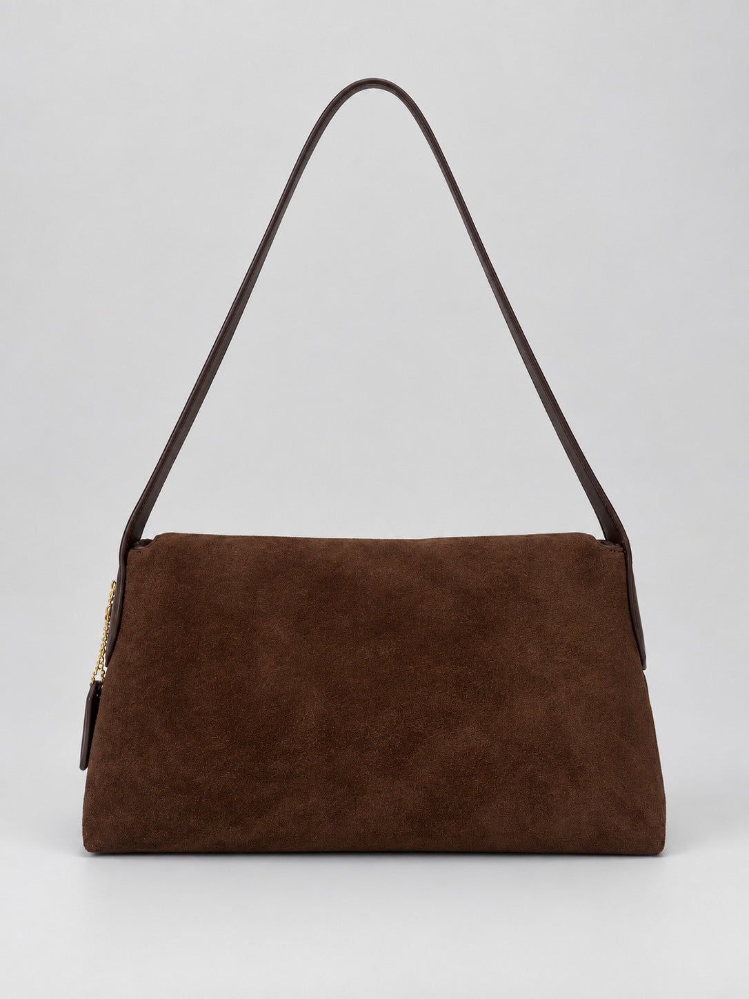 Rectangular matte suede-finish flap shoulder bag with slim dark strap and gold-tone turn-lock hardware, detail view 14