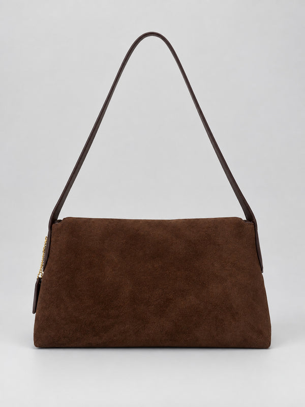 Rectangular matte suede-finish flap shoulder bag with slim dark strap and gold-tone turn-lock hardware, detail view 14