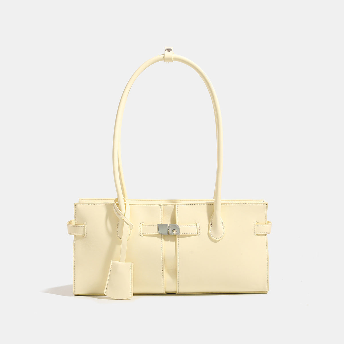 Structured glossy leather-look tote bag with long loop handles and silver turn-lock buckle closure, detail view 6