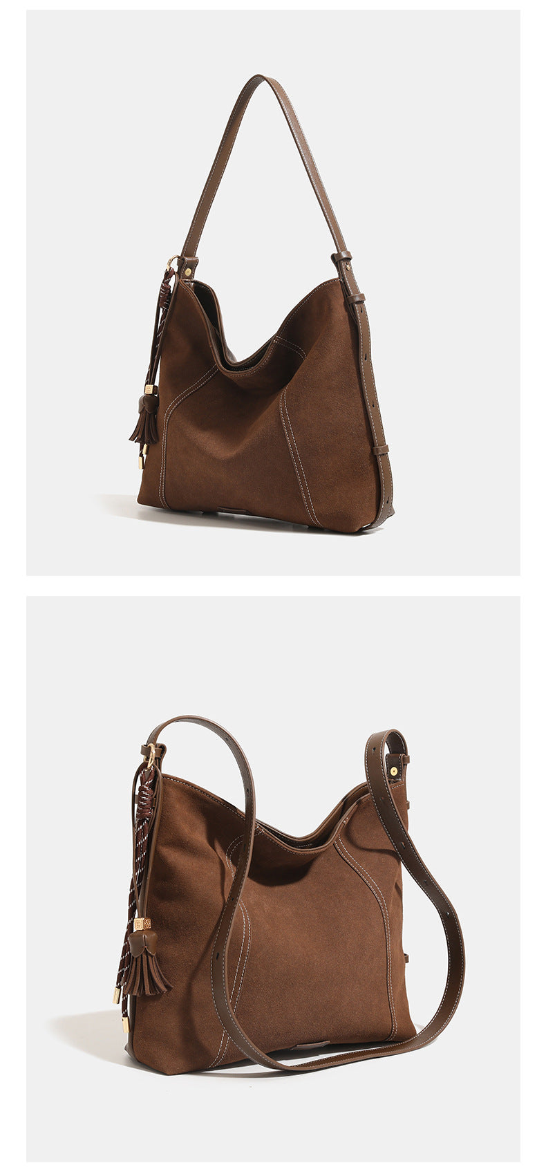 Slouchy suede-finish hobo shoulder bag in warm mocha brown with contrast stitching, braided tassel side accent, and, detail