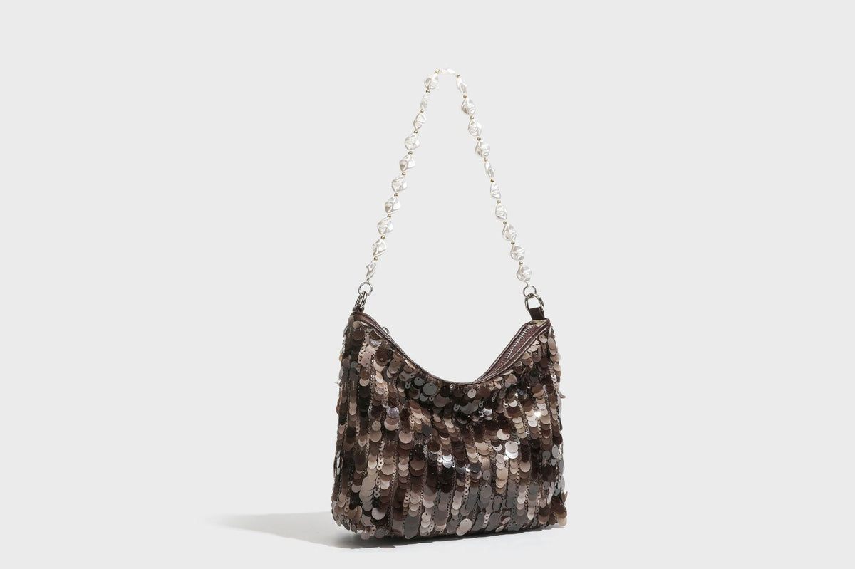 Small crescent sequin shoulder bag with pearl beaded strap and zip closure, detail view 33
