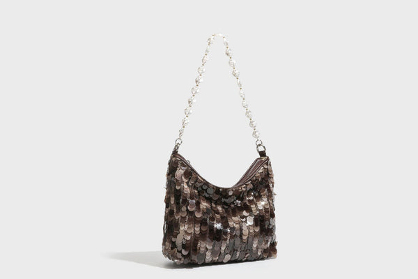 Small crescent sequin shoulder bag with pearl beaded strap and zip closure, detail view 33