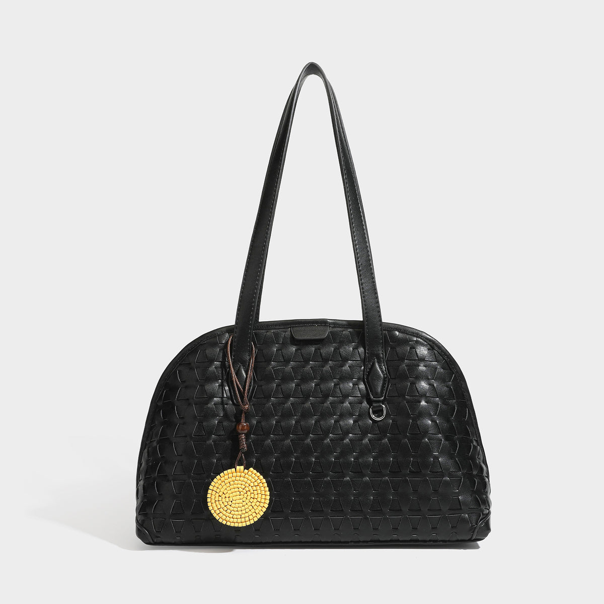 Strukturierte, kuppelförmige Schultertasche im Shopper-Stil mit geometrischer Webstruktur in Lederoptik, langen Doppelriemen, Reißverschluss oben und rund