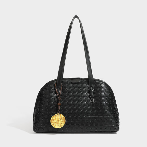 Strukturierte, kuppelförmige Schultertasche im Shopper-Stil mit geometrischer Webstruktur in Lederoptik, langen Doppelriemen, Reißverschluss oben und rund