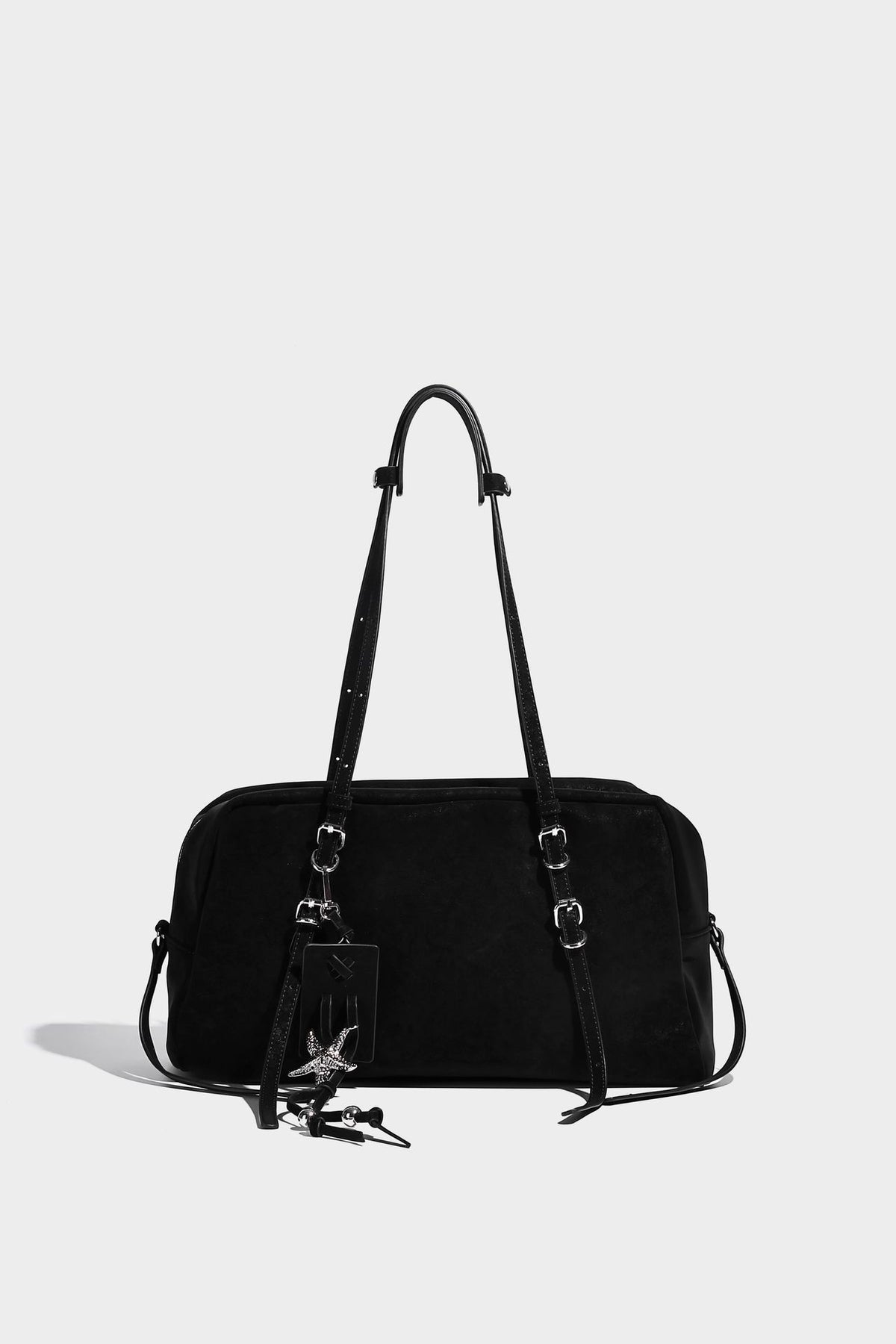 Structured rectangular matte suede-like shoulder bag with silver-tone hardware, zip closure, double top handles, and, detail
