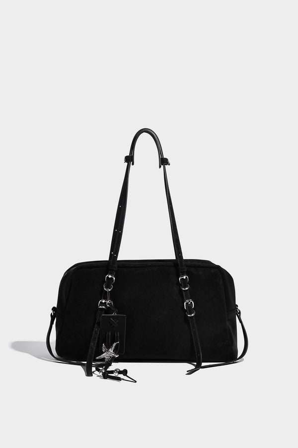 Structured rectangular matte suede-like shoulder bag with silver-tone hardware, zip closure, double top handles, and, detail