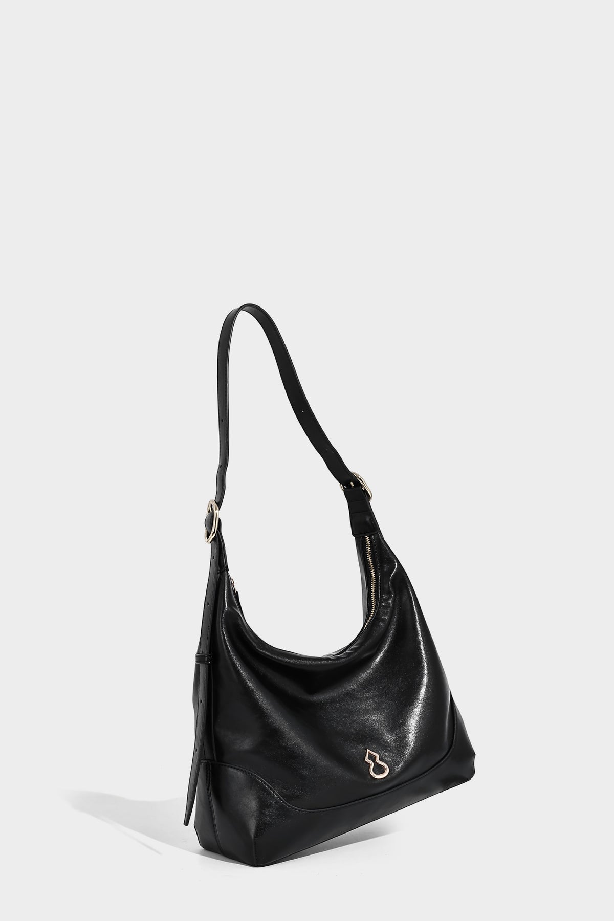 Glossy leather-look slouchy hobo shoulder bag with zip closure, gold-tone hardware, and adjustable strap, detail view 27