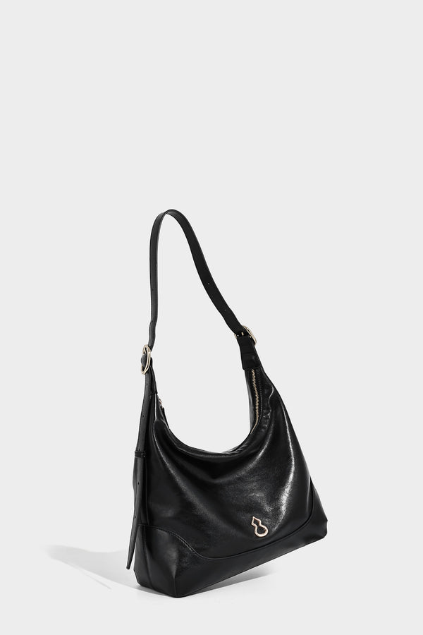 Glossy leather-look slouchy hobo shoulder bag with zip closure, gold-tone hardware, and adjustable strap, detail view 27