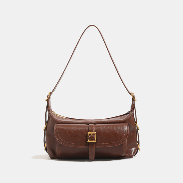 Compact glossy oil-wax leather-look shoulder bag with front buckle flap pocket and gold-tone hardware, detail view 8
