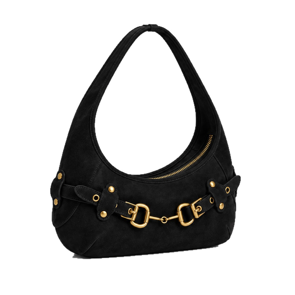 Matte suede-finish half-moon shoulder bag with gold horsebit bar hardware and dome studs, detail view 5