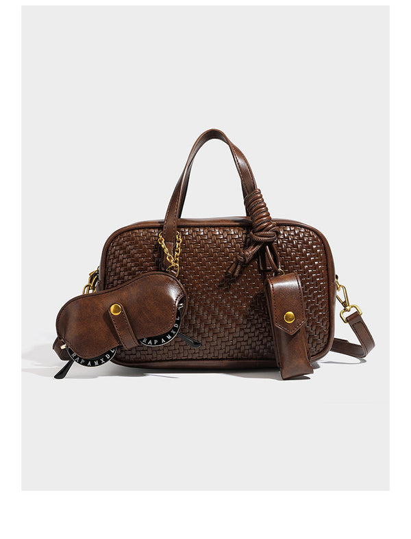 Strukturierte rechteckige Satchel-Tasche mit gewebtem Vorderteil in Lederoptik, goldfarbenen Details, zwei Tragegriffen und abnehmbarem
