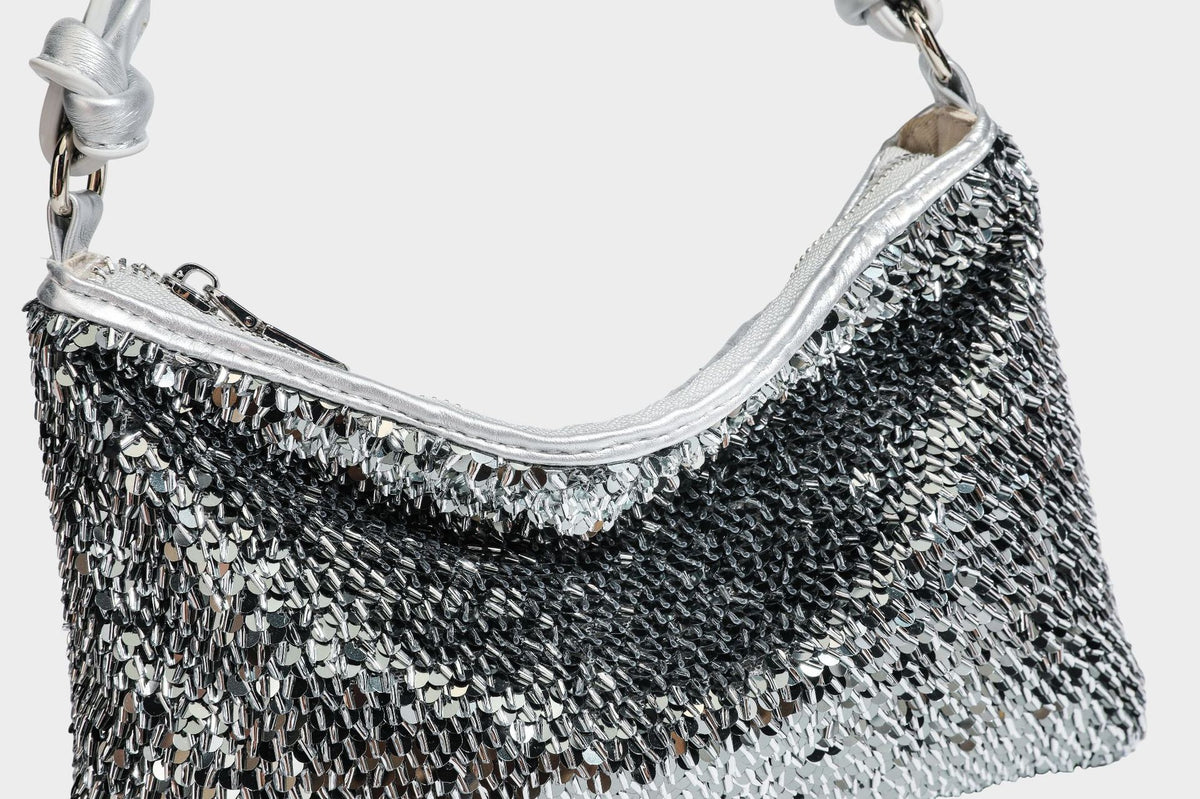 Small sequin hobo shoulder bag with knotted strap and zip closure, detail view 44