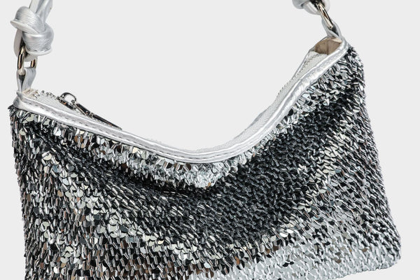 Small sequin hobo shoulder bag with knotted strap and zip closure, detail view 44