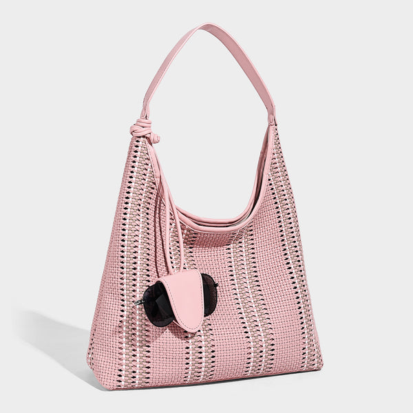 Woven striped slouch shoulder tote bag with knotted strap and attached front flap pouch, detail view 8