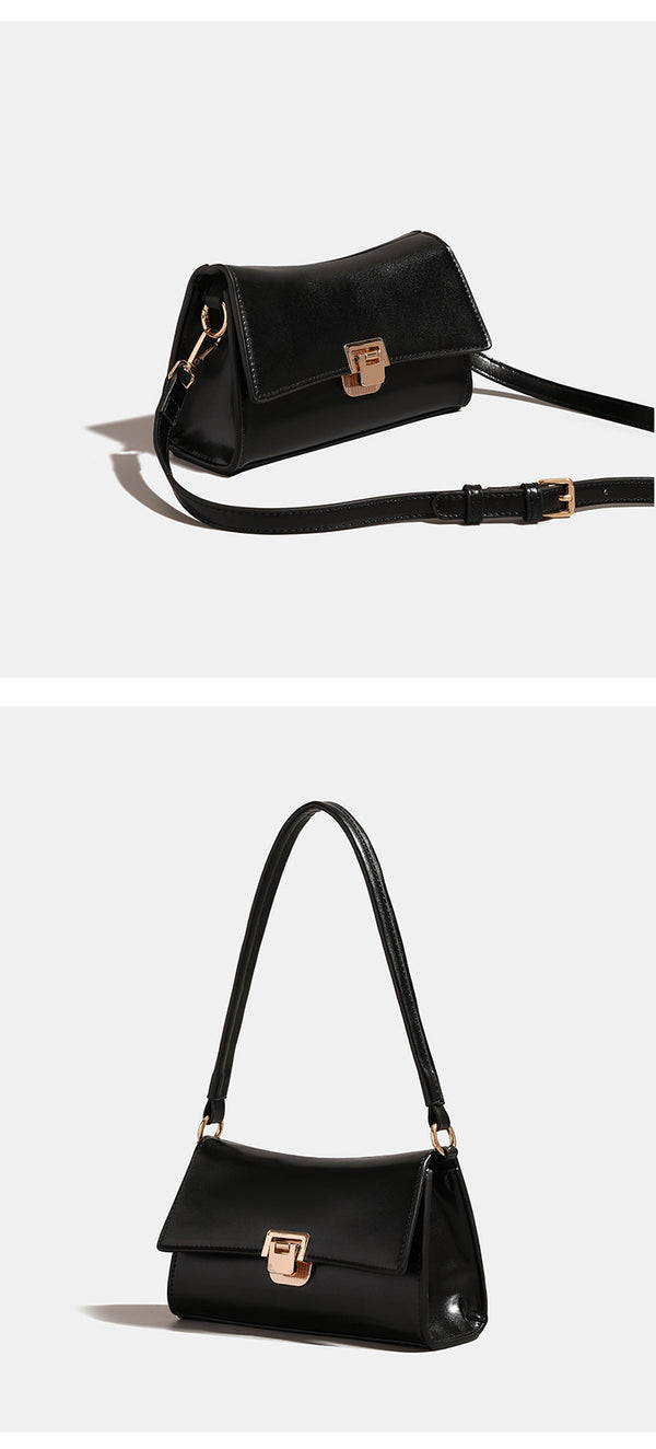 Compact structured flap shoulder bag with gold-tone turn-lock closure and adjustable strap, detail view 10