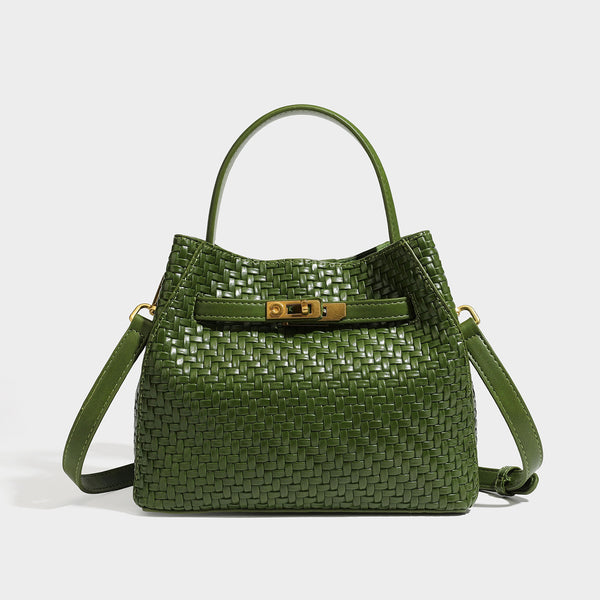 Structured woven leather-look bucket bag with gold-tone turn-lock hardware and detachable shoulder strap, detail view 4