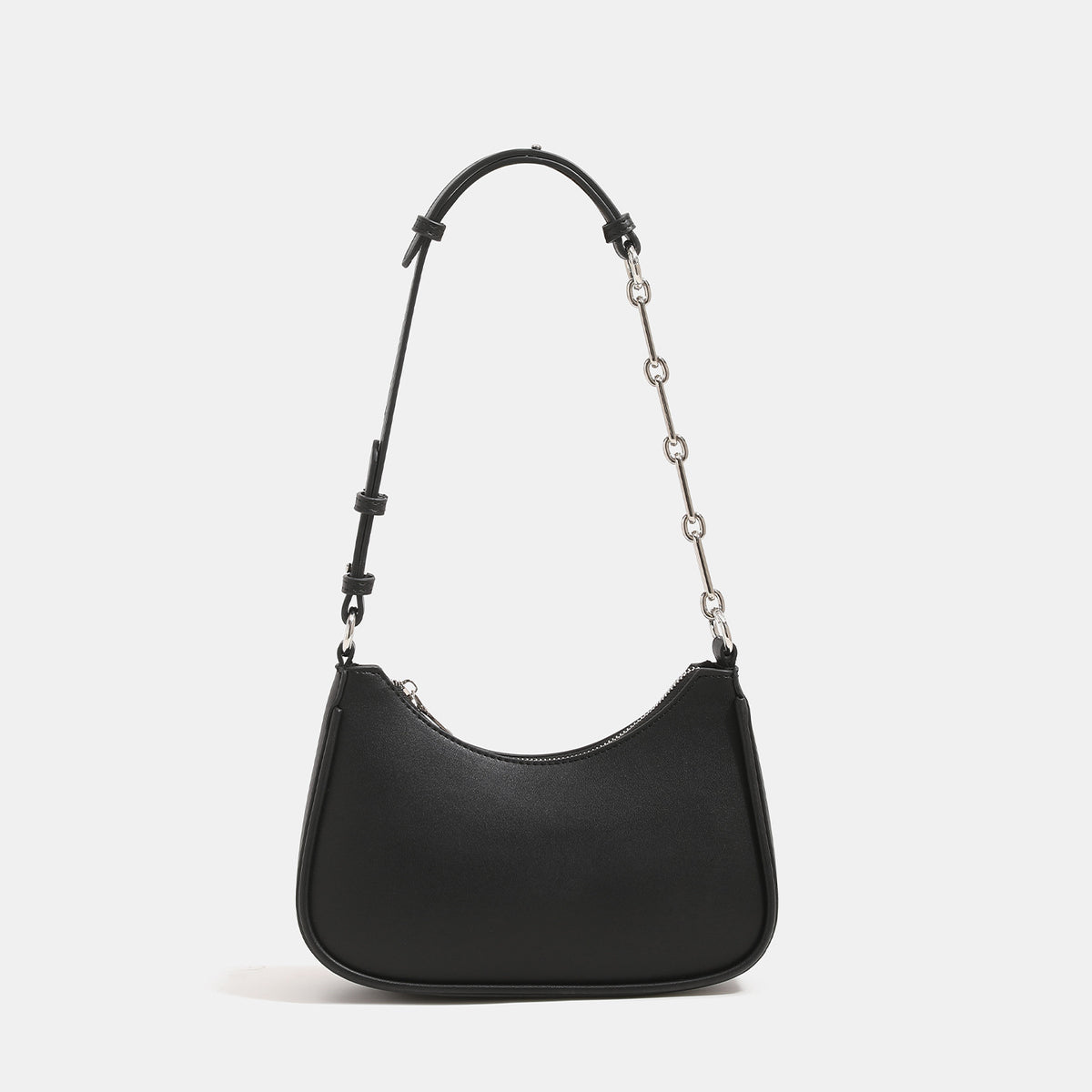 Mini-Schultertasche in Halbmondform mit verstellbarem Ketten- und Lederriemen und silberfarbenen Metalldetails, Detailansicht 6