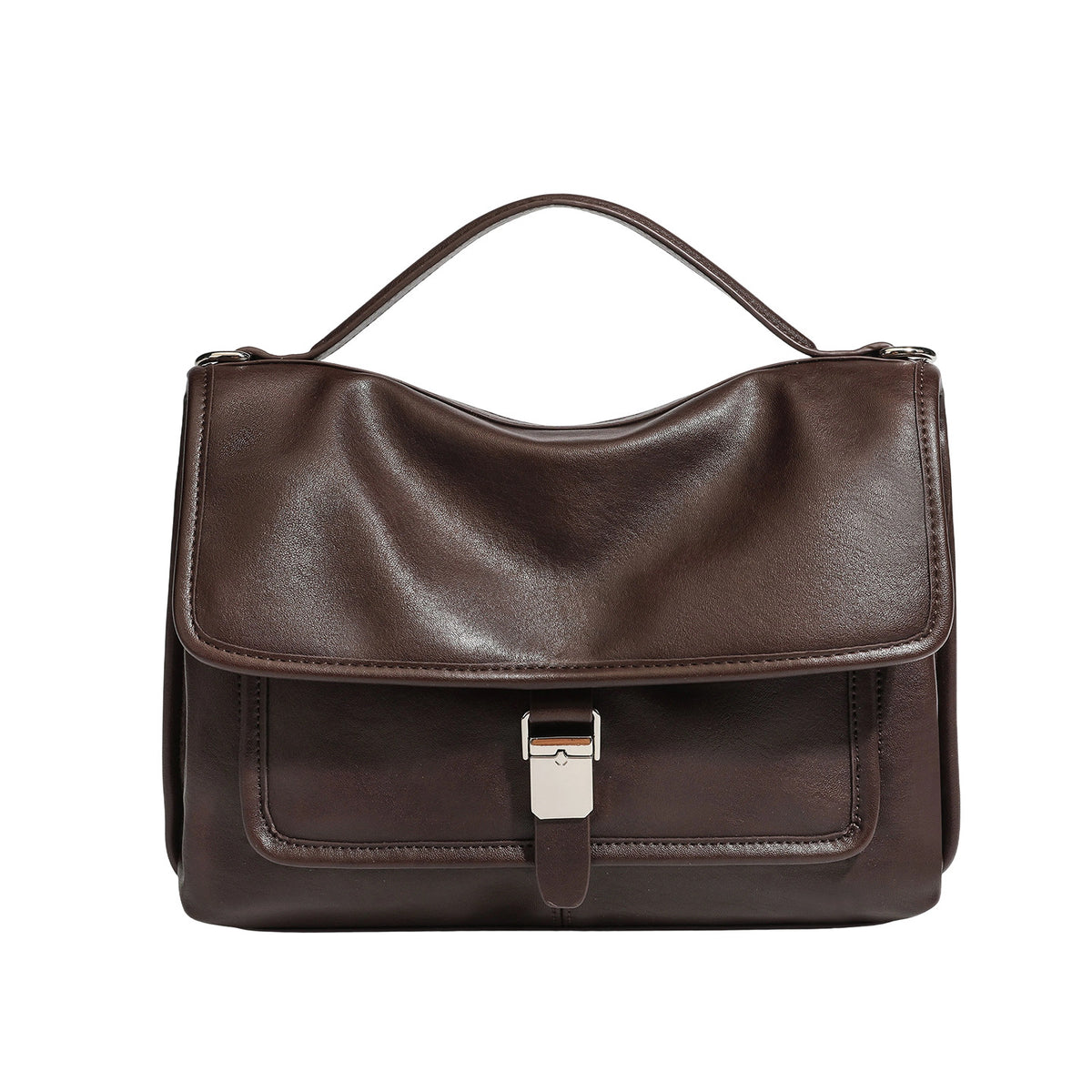 Structured rectangular flap satchel in espresso brown leather-look finish with silver-tone turn-lock buckle, top handle, and