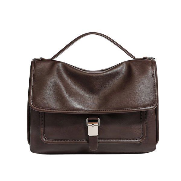 Structured rectangular flap satchel in espresso brown leather-look finish with silver-tone turn-lock buckle, top handle, and