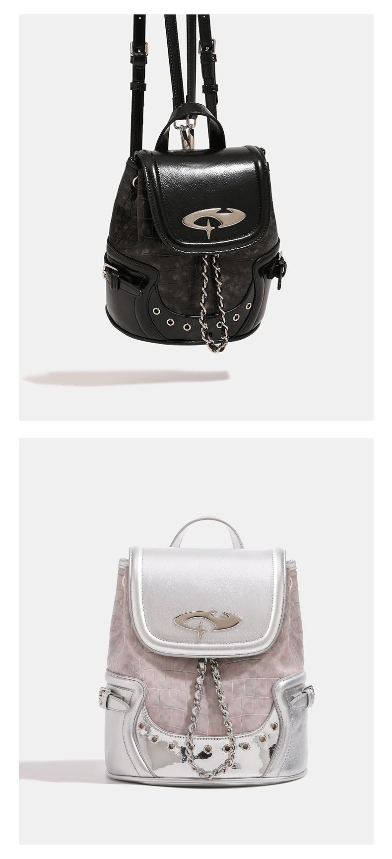 Croc-embossed mini backpack handbag with metallic silver flap, turn-lock closure, chain front detail, and top handle, detail