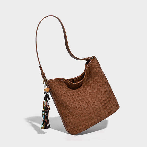 Dark chocolate woven texture hobo shoulder bag with multicolor tassel-and-bead charm and long adjustable strap, detail view 9