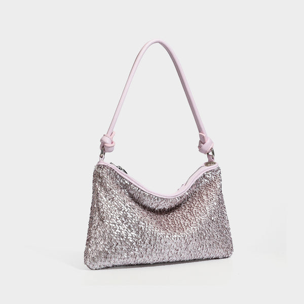 Small sequin hobo shoulder bag with knotted strap and zip closure, detail view 8
