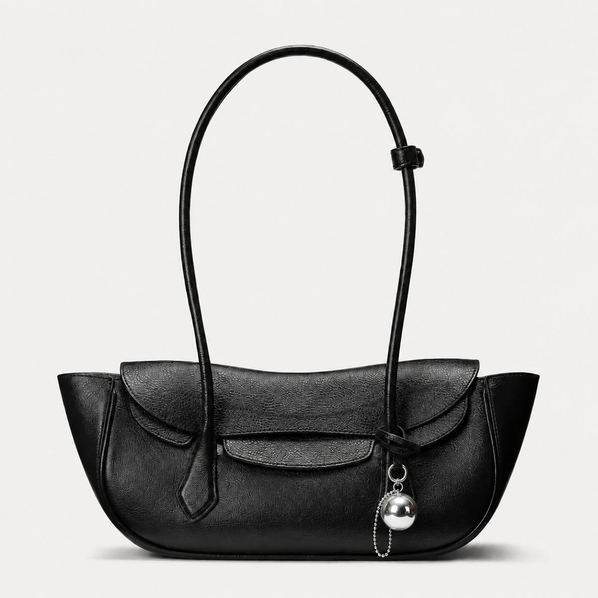 Structured leather-look flap shoulder bag with contrast stitching and silver ball charm hardware, detail view 6