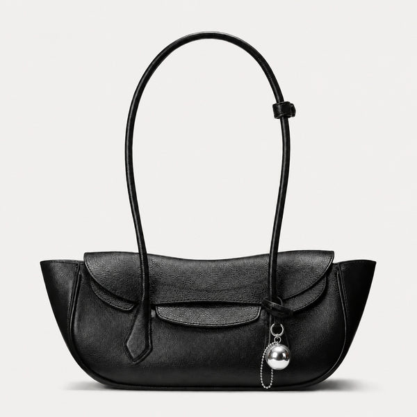 Structured leather-look flap shoulder bag with contrast stitching and silver ball charm hardware, detail view 6